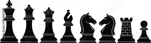 Chess pieces silhouette set with king queen rook bishop knight pawn isolated vector collection for board game strategy illustration design