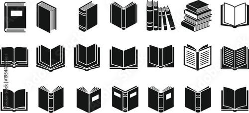 Set of book icons and library silhouettes with open closed and stacked volumes for education literature and reading vector illustration