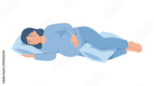 Pregnant woman resting in a comfortable side position with pillow support in a soft flat style. Relaxation, body care and prenatal comfort concept vector illustration.