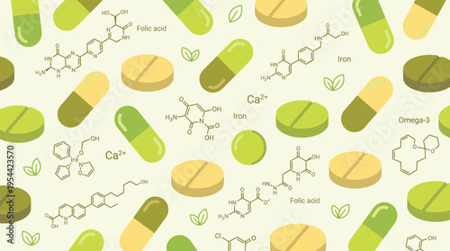 Seamless pattern with vitamins, capsules and nutrition symbols related to prenatal health in a clean design. Supplement intake, balanced diet and maternal wellness concept vector illustration.