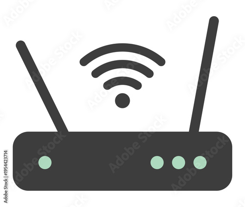 wifi router icon, flat minimal wireless modem with antennas and signal waves, internet network device with indicator lights for home office setup app ui and connectivity concept, vector illustration