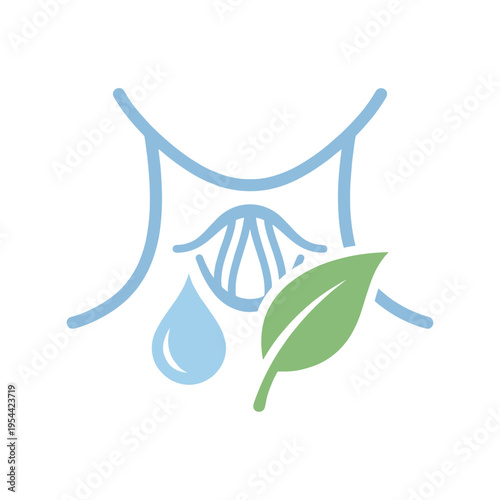 Minimal icon of throat care with leaf and drop symbolizing gentle voice protection and hydration. Vocal health, singing care and natural wellness concept vector illustration.