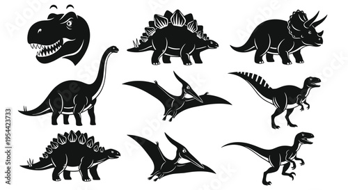 Black and White Dinosaur Silhouette Vector Icon Set Featuring Tyrannosaurus Rex Stegosaurus Triceratops Brachiosaurus Pterodactyl and Velociraptor Illustrations for Creative Graphic Design Projects