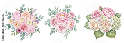 Three beautiful floral bouquets with pink and white roses on transparent background