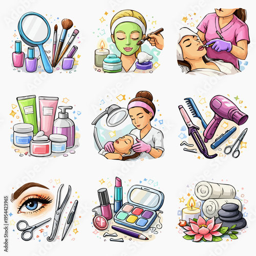 Cute beauty salon and spa clipart collection with skincare cosmetics makeup tools facial treatment hair styling wellness icons and self care elements isolated on white for branding design kits