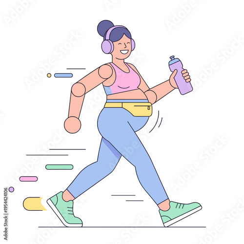 Pregnant woman walking outdoors with a water bottle in a modern flat style illustration. Active lifestyle, prenatal fitness and healthy daily routine concept vector illustration.
