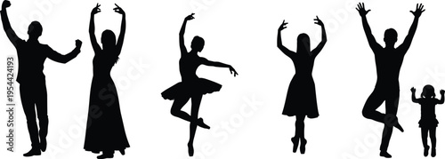 Dancing people silhouettes collection ballet dancer jumping poses man woman kids dance performance vector illustration set isolated black figures