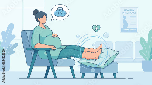 Pregnant woman elevating swollen legs on pillows while sitting in a chair in a calm interior. Edema relief, prenatal care and comfort support concept vector illustration.