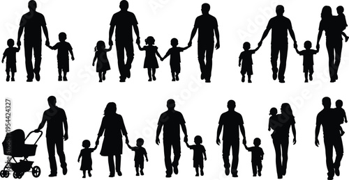 Family silhouettes collection parents children walking holding hands mother father kids stroller parenting lifestyle vector illustration isolated black figures set design bundle