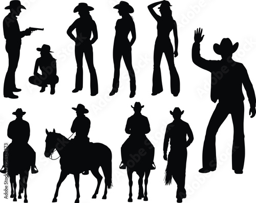 Collection of cowboy and cowgirl silhouettes in western poses, featuring riders, standing figures, and action scenes, isolated on white background for vintage design use
