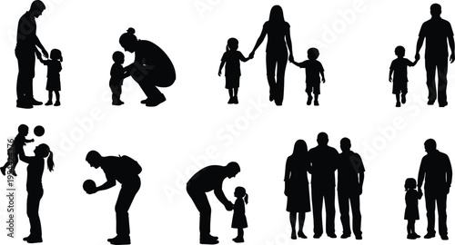 Family silhouettes parents with children walking playing bonding moments vector illustration set isolated black human figures parenting lifestyle collection design