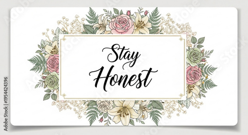 Inspirational quote stay honest with floral wreath on white background