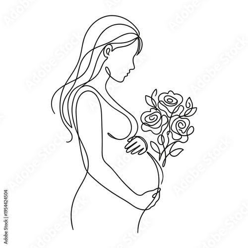 Minimal line art of a pregnant woman holding flowers symbolizing blooming beauty and new life. Feminine growth, natural elegance and maternal harmony concept vector illustration.