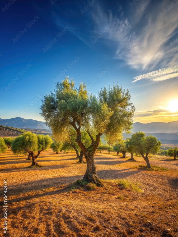 Naklejka premium Mature Mediterranean olive trees stand in a serene landscape with sun-kissed hills and a blue sky