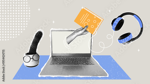 A hand peeking out from a laptop screen holds a digital book with headphones plugged in. Trendy halftone collage. E-learning and online education concept. Distance learning with a remote digital libra