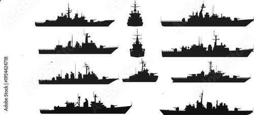 Collection of military warship silhouettes in various naval vessel designs, showcasing maritime defense, fleet power, and combat ships, isolated on white background for design use