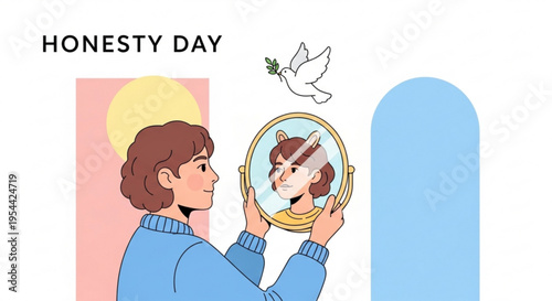 Woman looks in mirror on honesty day with dove and sun