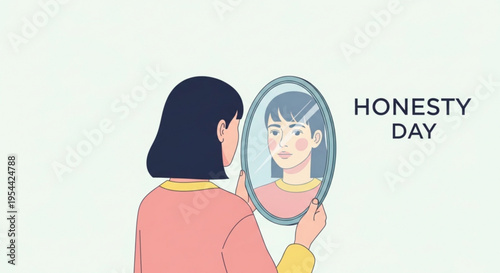 Woman looks in mirror on honesty day reflecting on truth and self awareness with a thoughtful expression
