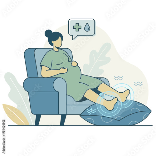 Pregnant woman using compression or cooling therapy on legs while resting in an armchair at home. Circulation support, swelling relief and prenatal care concept vector illustration.