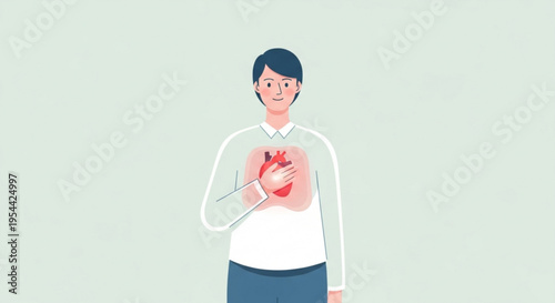 A smiling man holding a human heart in his hands wearing a white shirt and blue pants on a light green background symbolizing love and health