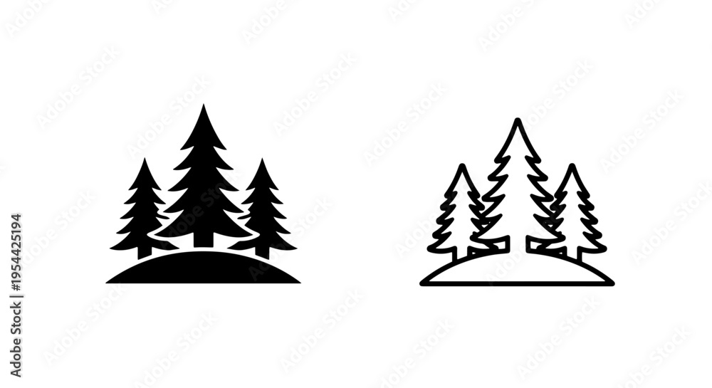 Obraz premium Group of three stylized coniferous pine trees, forest and wilderness icon