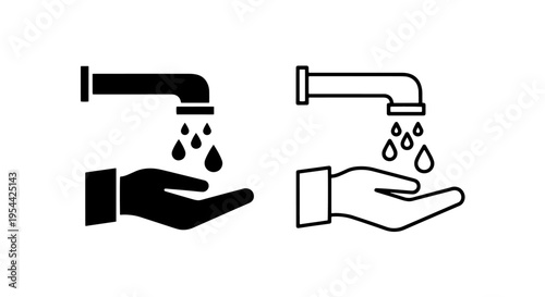 Hand washing with water drops from faucet, hygiene concept line and fill icon