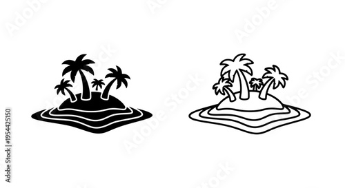 Tropical island with palm trees and ocean waves, summer travel vacation icon