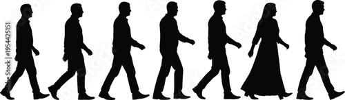 Black silhouette icons of a diverse group of people walking in a line including men and a woman in long dress isolated on white