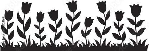 Minimalist black floral silhouette illustration with tulip flowers and grass border, modern decorative nature design, elegant botanical pattern isolated on light background for creative use