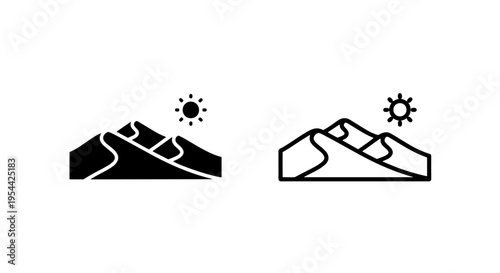 Desert landscape with rolling dunes and shining sun, travel nature icon