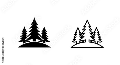 Group of three stylized coniferous pine trees, forest and wilderness icon