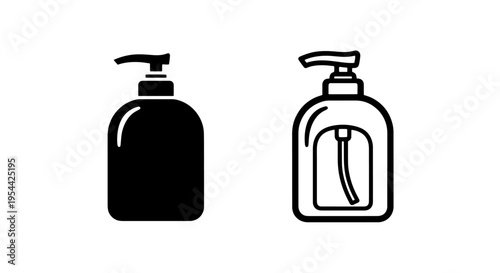 Pump dispenser bottle icon set: solid and outline vector graphics