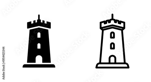 Tower icon set with turrets - black and white vector graphics