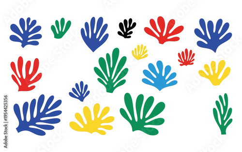 Colorful Botanical Abstraction: Playful array of vibrant, stylized leaf forms in a dynamic composition. A modern and eye-catching design, perfect for adding a touch of artistic flair.