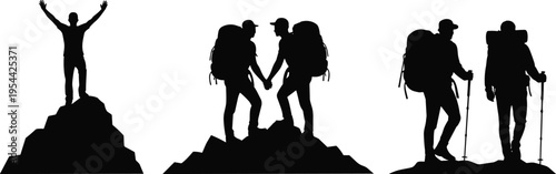 Hiking silhouette illustration set, mountain peak triumph, hikers holding hands, trekking poles backpacks, outdoor adventure vector, companionship achievement, flavector