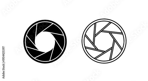 Camera aperture icon set, solid and outline styles, photography symbol