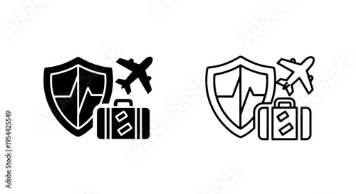 Comprehensive travel health insurance icon: shield, airplane, luggage, heartbeat