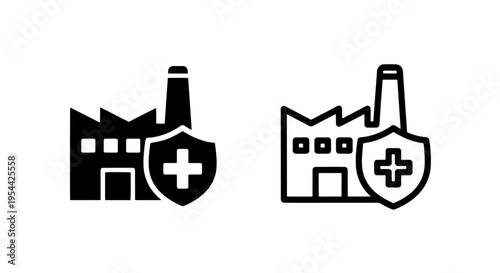 Industrial health safety icon: factory building, protection shield, medical cross