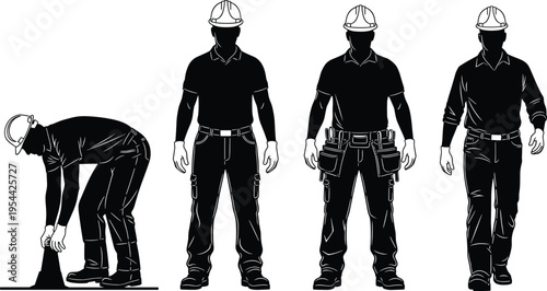 Construction worker silhouettes set with helmet and tools isolated on white background, industrial labor concept, engineering, safety gear, building workforce illustration design