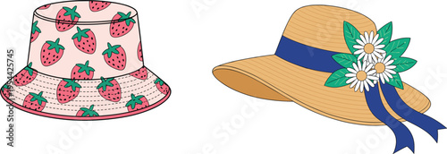 Set of summer hats, strawberry pattern bucket hat and straw sun hat with flower ribbon
