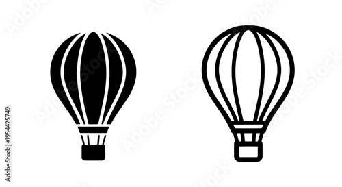 Hot air balloon icon set: minimalist filled and outline travel graphic