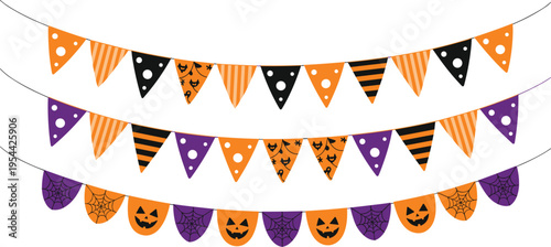 Halloween bunting flags vector set, spooky orange and purple party garlands with pumpkins and patterns