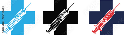 Medical syringe with cross symbol set healthcare vaccination injection icon hospital emergency medicine vector illustration isolated design collection modern flat style