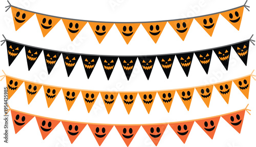 Halloween bunting flags with jack o lantern faces, orange and black festive hanging party garland decorations