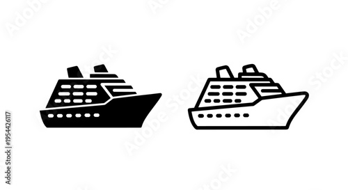 Cruise ship icon set: solid black and outline style for travel graphics