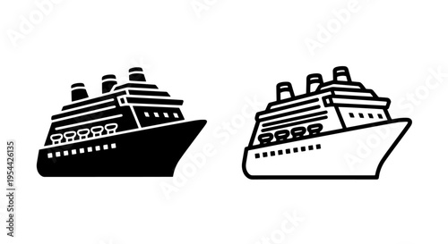Cruise ship vector icon set: modern black and outline line art design