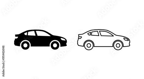 Modern sedan car vehicle icon set: black and outline line art vector graphic