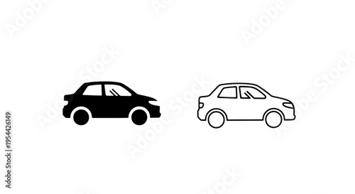 Generic sedan automobile icon set: simple black and outline vector graphics