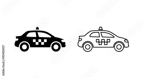 Taxi cab service car icon set: checkered black and outline vector design