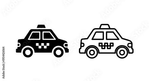 Checkered taxi cab icon set: solid black and outline flat vector graphic